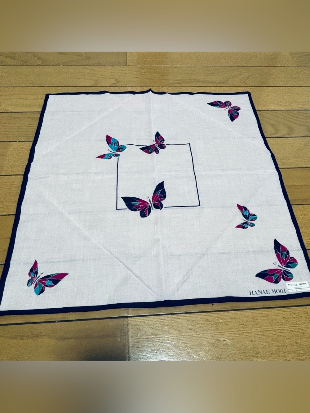 Hanae Mori White base/Multicolor 100% Cotton Handkerchief/Bandana/Scarf 43cm/17” - Picture 2 of 7